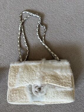 CHANEL Cream Patchwork and Fur Detail Classic Flap